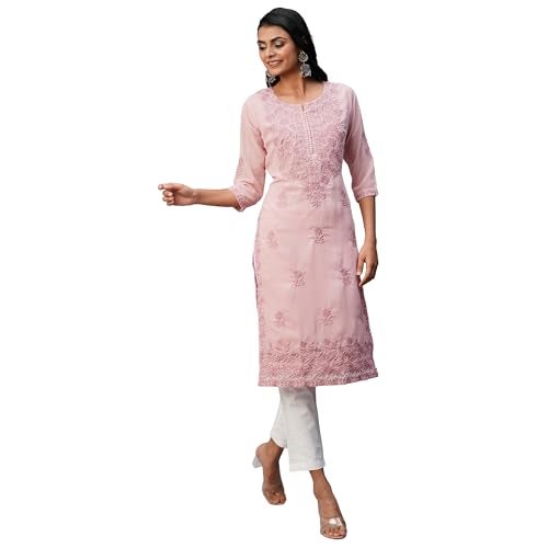RATAN Women's Georgette Straight Lucknowi Chikankari Ethinic Wear Regular Fit Kurta (Mhm-Onn-S_Onion Pink) - Image 1