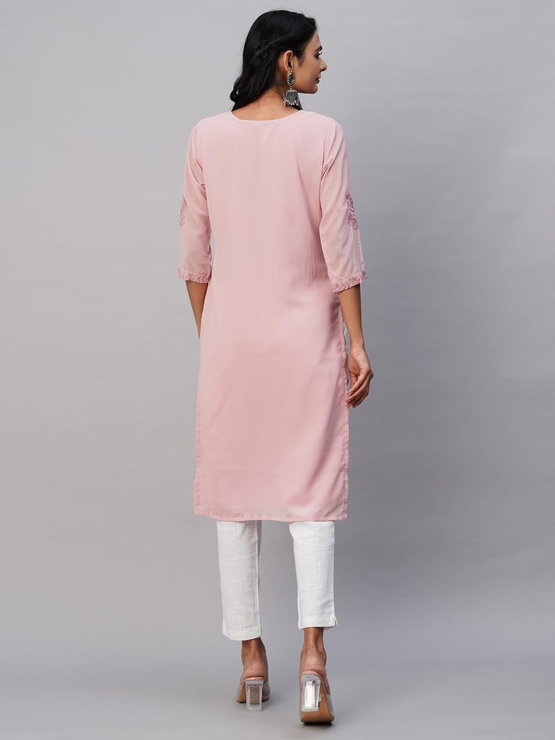 RATAN Women's Georgette Straight Lucknowi Chikankari Ethinic Wear Regular Fit Kurta (Mhm-Onn-S_Onion Pink) - Image 4