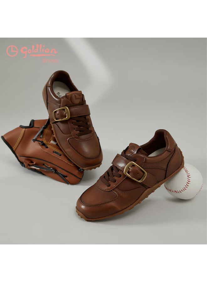 Goldlion Women's Shoes Autumn Round Toe Lace-up Belt Buckle Flat Derby Casual Sneakers G696530298 Brown Size 37 - Image 1
