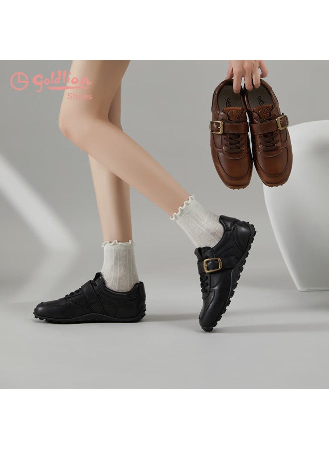 Goldlion Women's Shoes Autumn Round Toe Lace-up Belt Buckle Flat Derby Casual Sneakers G696530298 Brown Size 37 - Image 5