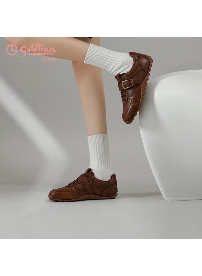 Goldlion Women's Shoes Autumn Round Toe Lace-up Belt Buckle Flat Derby Casual Sneakers G696530298 Brown Size 37 - Image 2