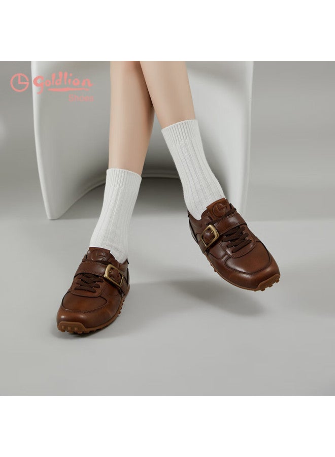 Goldlion Women's Shoes Autumn Round Toe Lace-up Belt Buckle Flat Derby Casual Sneakers G696530298 Brown Size 37 - Image 3