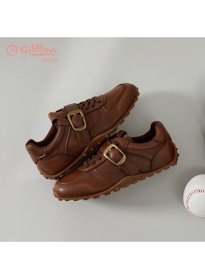 Goldlion Women's Shoes Autumn Round Toe Lace-up Belt Buckle Flat Derby Casual Sneakers G696530298 Brown Size 37 - Image 4
