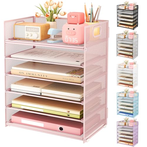 Subekyu 6 Tier Office File Paper Desk Tray Organizer with Handle Stackable Slide Mesh Letter Tray Folder Pink Desk Organizer Desktop Document Sorter for Classroom Office Home Supplies Storage - Image 1
