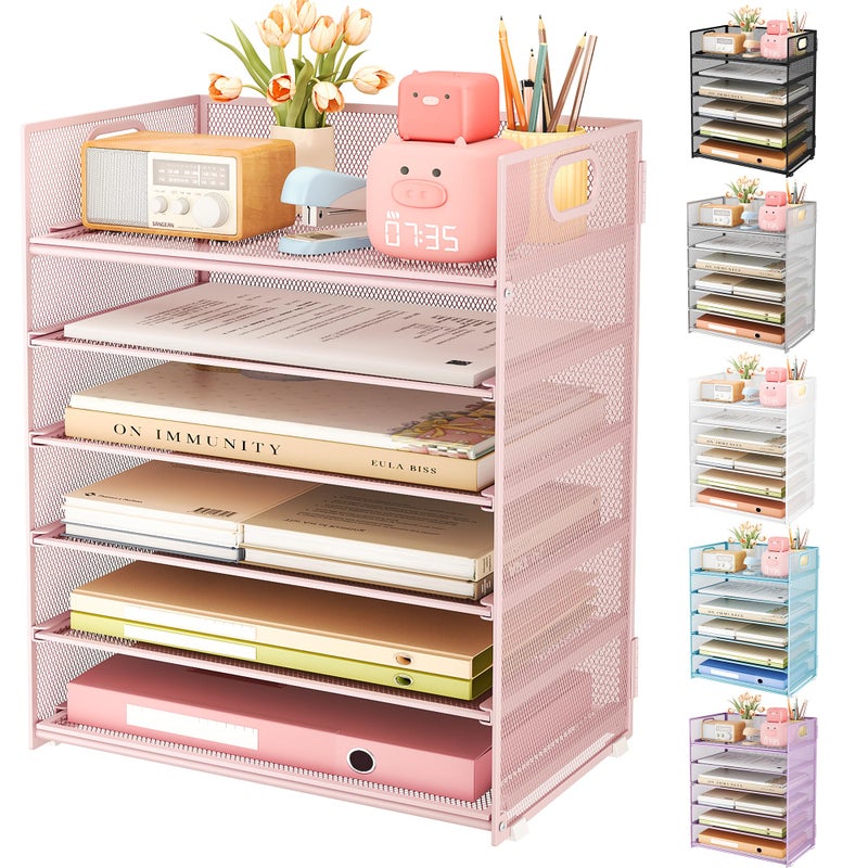 Subekyu 6 Tier Office File Paper Desk Tray Organizer with Handle Stackable Slide Mesh Letter Tray Folder Pink Desk Organizer Desktop Document Sorter for Classroom Office Home Supplies Storage - Image 2
