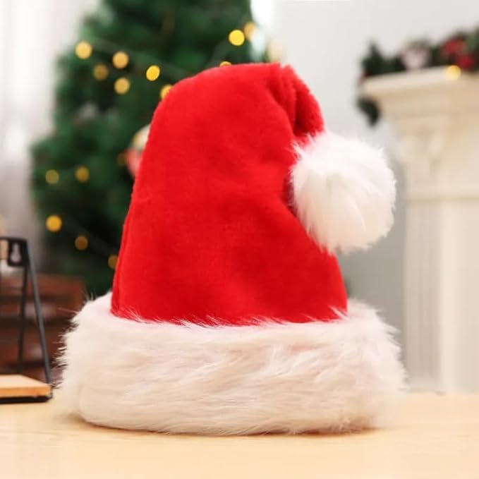 Ahuja Mart Santa Cap Plush Fur Christmas Cap Unisex Santa Hat for Adult & Kids Comfortable Soft Free Size Santa Clause Hat Cap Christmas Decorations Items Christmas Decor Santa Caps, Set Of 12 - Image 3