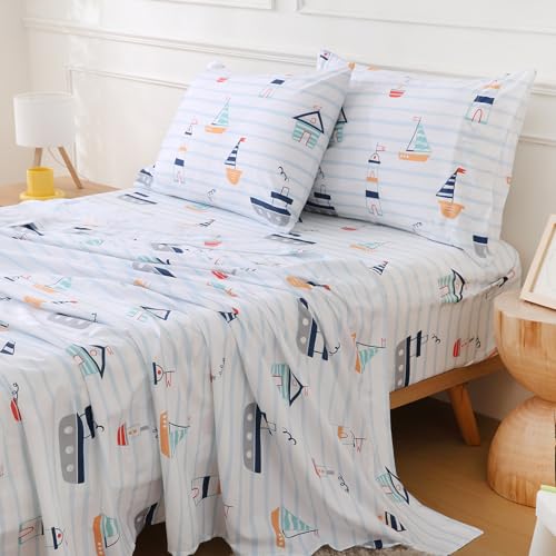CIMVI Kids Twin Sheet Set for Boys 3 Piece Nautical Boat Bed Sheet with Pillowcase 15-Inch Deep Pocket Fitted Sheet Soft Microfiber Bedding Sheets for Kids Toddlers Decor Bedroom - Image 1