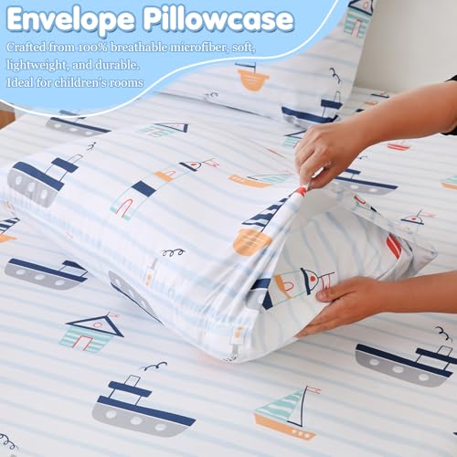 CIMVI Kids Twin Sheet Set for Boys 3 Piece Nautical Boat Bed Sheet with Pillowcase 15-Inch Deep Pocket Fitted Sheet Soft Microfiber Bedding Sheets for Kids Toddlers Decor Bedroom - Image 3