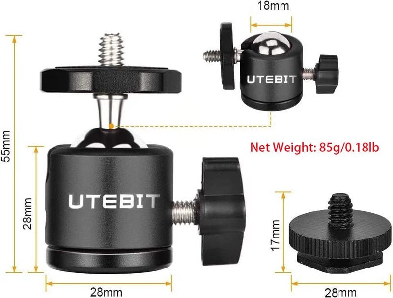 UTEBIT 2 Pack Mini Ball Head with 1/4" Hot Shoe Mount Adapter Max Load 5.5lb 360° Swivel Tripod Ball Head for DSLR Camera Camcorder, Light Bracket - Image 3