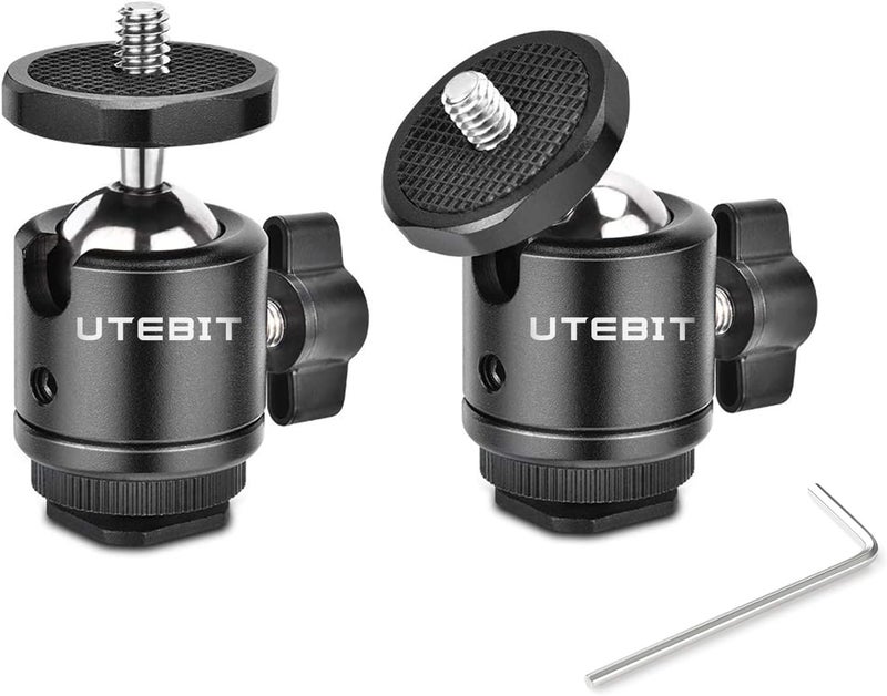 UTEBIT 2 Pack Mini Ball Head with 1/4" Hot Shoe Mount Adapter Max Load 5.5lb 360° Swivel Tripod Ball Head for DSLR Camera Camcorder, Light Bracket - Image 1
