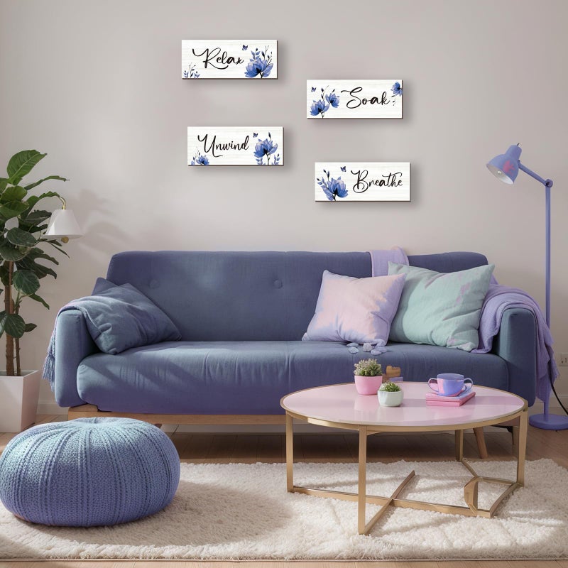 ONIZHITY Set of 4 Blue Bathroom Decor With Navy Blue Flower Wall Decor Inspire Relax Soak Unwind Breathe Rustic Farmhouse Wooden Wall Art for Bedroom Office Living Room Kitchen Decoration(Blue 10x4) - Image 3