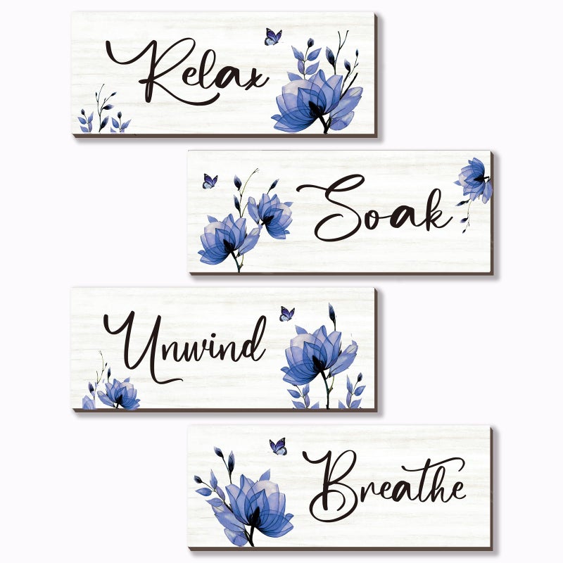 ONIZHITY Set of 4 Blue Bathroom Decor With Navy Blue Flower Wall Decor Inspire Relax Soak Unwind Breathe Rustic Farmhouse Wooden Wall Art for Bedroom Office Living Room Kitchen Decoration(Blue 10x4) - Image 1