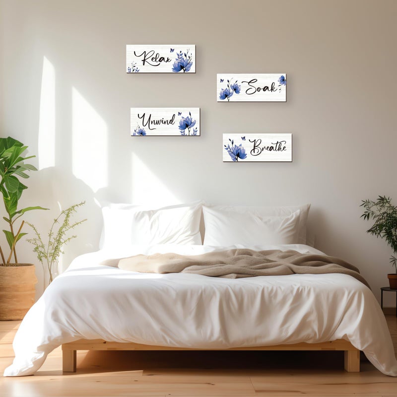 ONIZHITY Set of 4 Blue Bathroom Decor With Navy Blue Flower Wall Decor Inspire Relax Soak Unwind Breathe Rustic Farmhouse Wooden Wall Art for Bedroom Office Living Room Kitchen Decoration(Blue 10x4) - Image 4