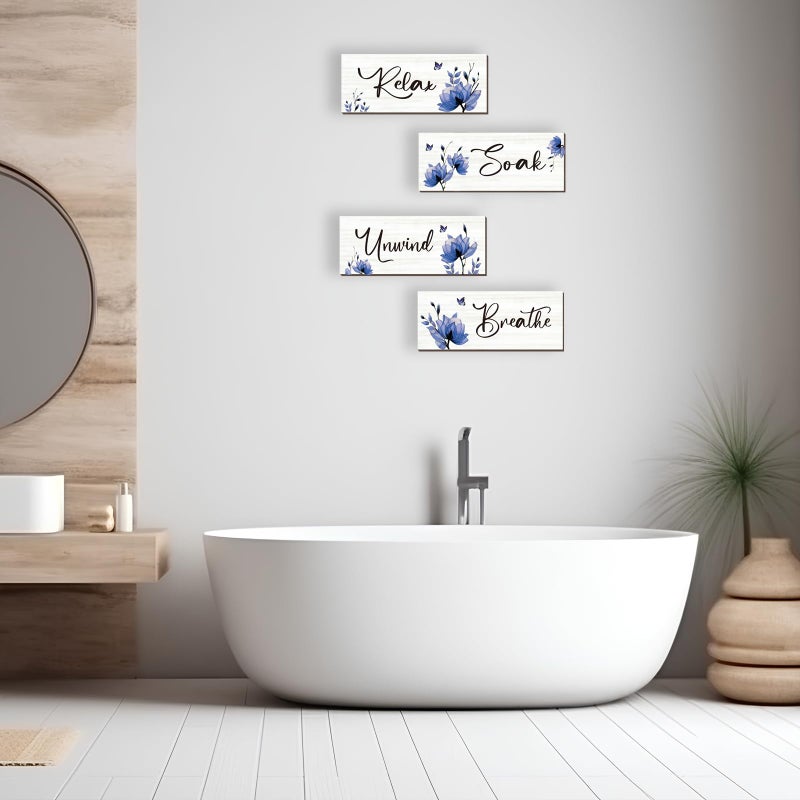 ONIZHITY Set of 4 Blue Bathroom Decor With Navy Blue Flower Wall Decor Inspire Relax Soak Unwind Breathe Rustic Farmhouse Wooden Wall Art for Bedroom Office Living Room Kitchen Decoration(Blue 10x4) - Image 5
