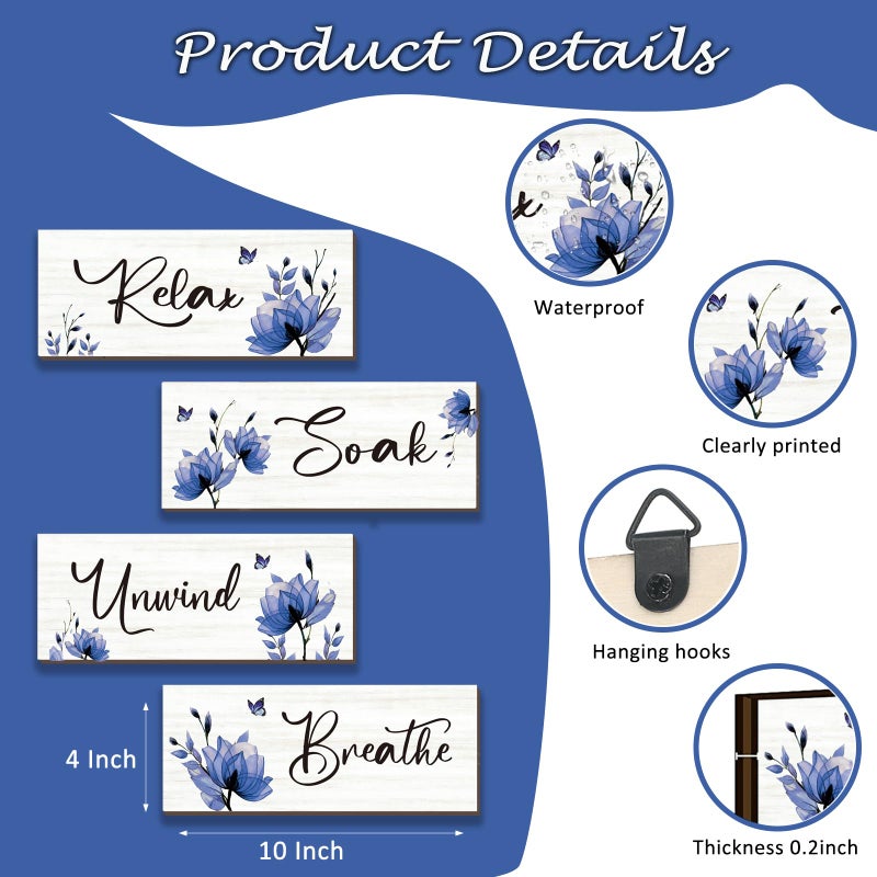ONIZHITY Set of 4 Blue Bathroom Decor With Navy Blue Flower Wall Decor Inspire Relax Soak Unwind Breathe Rustic Farmhouse Wooden Wall Art for Bedroom Office Living Room Kitchen Decoration(Blue 10x4) - Image 2
