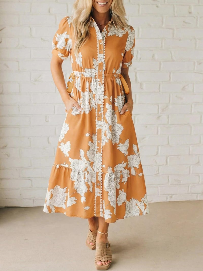 Wenrine Womens Casual Shirt Dress Floral Collared Short Sleeve Button Down Drawstring Waist Loose Summer Maxi Dresses Khaki - Image 2