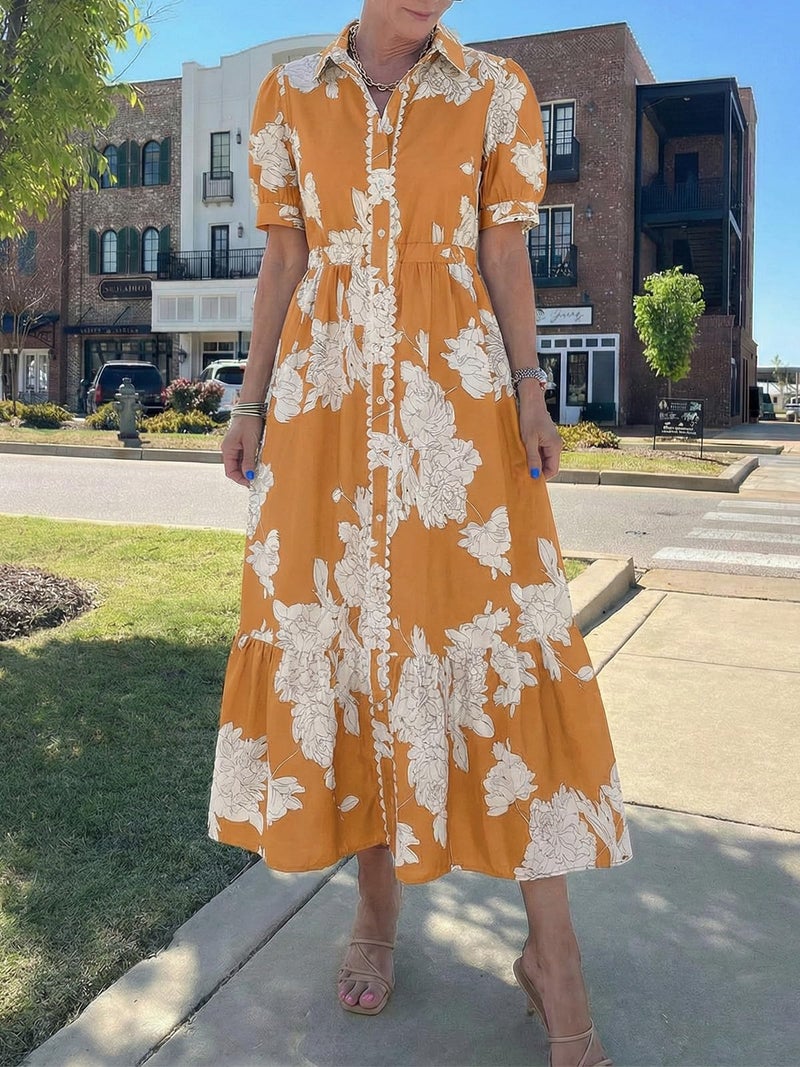Wenrine Womens Casual Shirt Dress Floral Collared Short Sleeve Button Down Drawstring Waist Loose Summer Maxi Dresses Khaki - Image 3