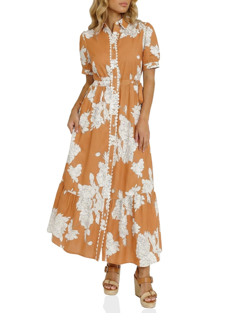 Wenrine Womens Casual Shirt Dress Floral Collared Short Sleeve Button Down Drawstring Waist Loose Summer Maxi Dresses Khaki - Image 1
