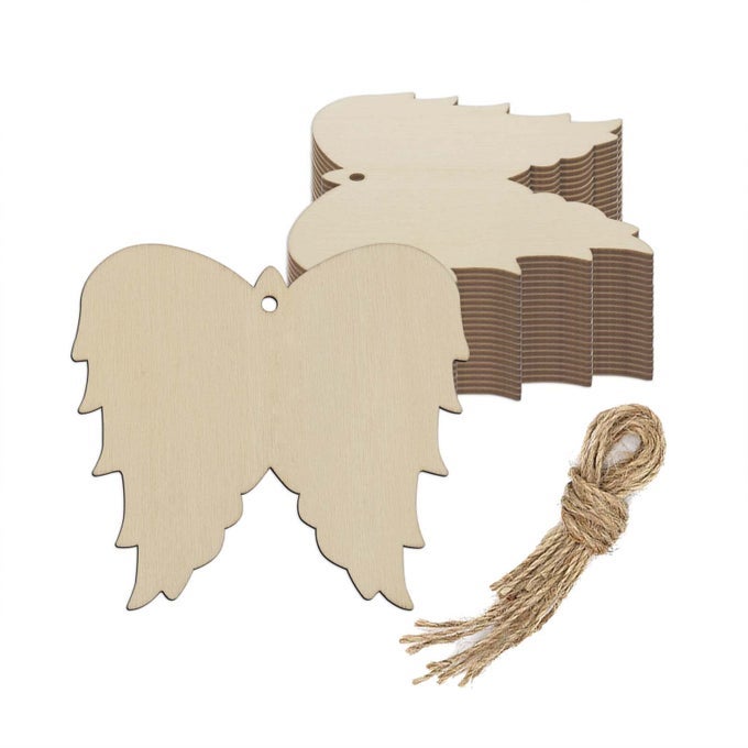 Angel Wing Wood DIY Crafts Cutouts Wooden Angel Wing Shaped Hanging Ornaments with Hole Hemp Ropes Wood Tags for Wedding Birthday Christmas Decorations 362x394 in 20 Pcs