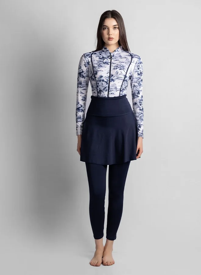 MINERVA SECRETS BLUE WILLOW- Exclusive Premium 4-Piece Burkini Set with Elegant Top, High-Waisted Leggings, Chic Beach Skirt, and Stylish Swim Terbon