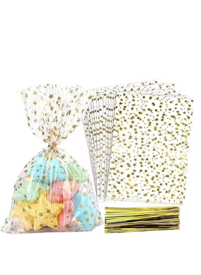 100 قطعة مطبوعة على شكل نجمة مقاس 5 × 7 بوصات من أكياس السيلوفان للحلوى، أكياس هدايا للحفلات، أكياس حلوى شفافة، أكياس تخزين بلاستيكية من البولي جودي مع أربطة ملتوية للمخبوزات، وأعياد الميلاد، والزفاف، والحفلات