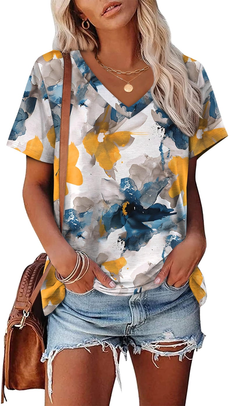 Alaroo Spring Clothes for Women Loose Fit Short Sleeve Tshirts Shirts for Women V Neck Tunic Tops Print 06 XXL - Image 2