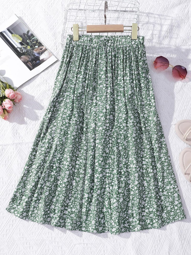 Seechoslo New 6-14 Years Girls Floral Maxi Skirt Boho Flowy A-Line Summer Midi Skirt with Elastic Waist (US, Age, 6 Years, Green) - Image 3