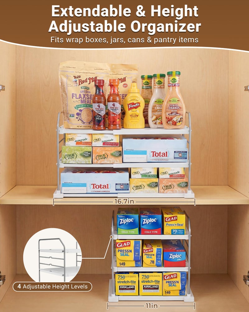 EVERIE Extendable 3-Tier Kitchen Cabinet & Pantry Organizer for Plastic Wrap, Foil & Storage Bags, Adjustable Heavy Duty Shelf Rack for Wrap Boxes, Jars & Snack Boxes (11â€“16.7 in Wide), Pack of 2 - Image 2