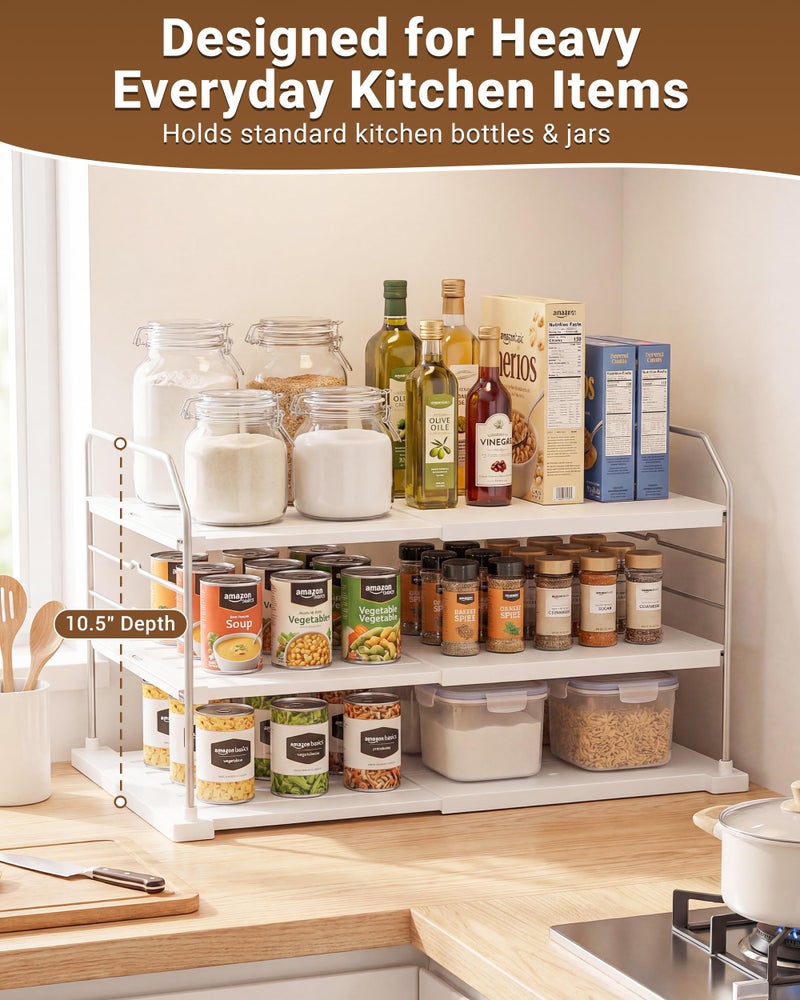 EVERIE Extendable 3-Tier Kitchen Cabinet & Pantry Organizer for Plastic Wrap, Foil & Storage Bags, Adjustable Heavy Duty Shelf Rack for Wrap Boxes, Jars & Snack Boxes (11â€“16.7 in Wide), Pack of 2 - Image 4