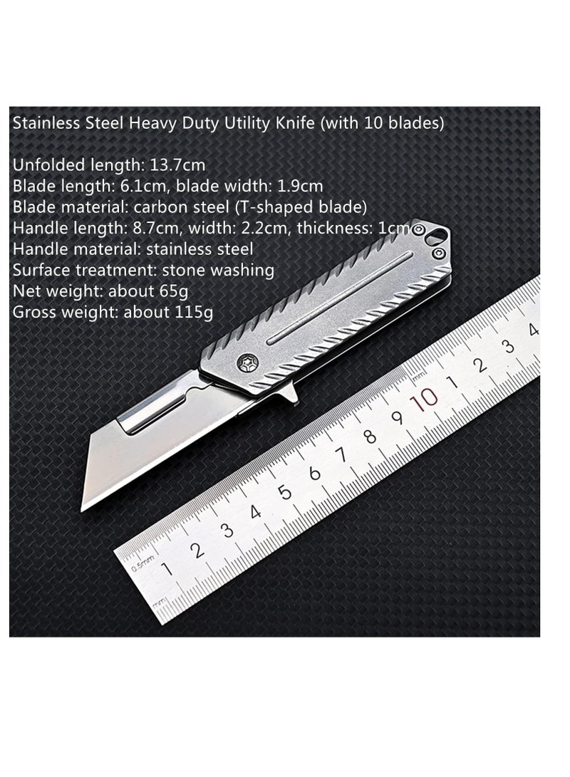 SYOSI Stainless Steel Folding Utility Knife - Heavy Duty Box Cutter for Cartons, Cardboard and Boxes, Quick Change Blades, Extra 10 Blades Included - Image 2