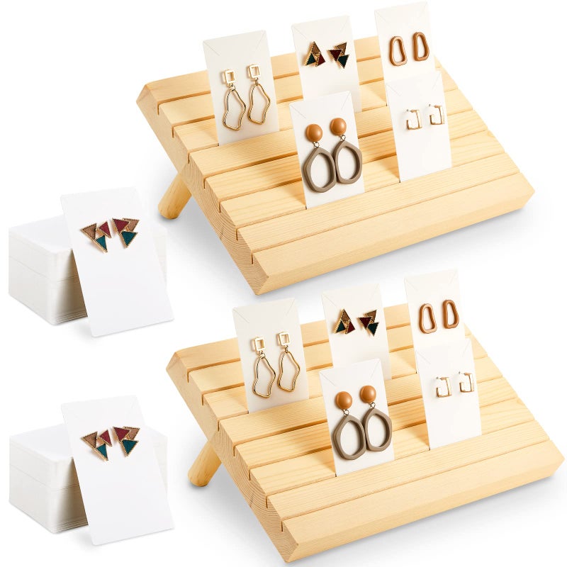 Marsui 62 Pcs Wood Earring Display Stand Earring Card Display 2 Sets of Holder with Cards Jewelry Stands for SellingWood Color - Image 2