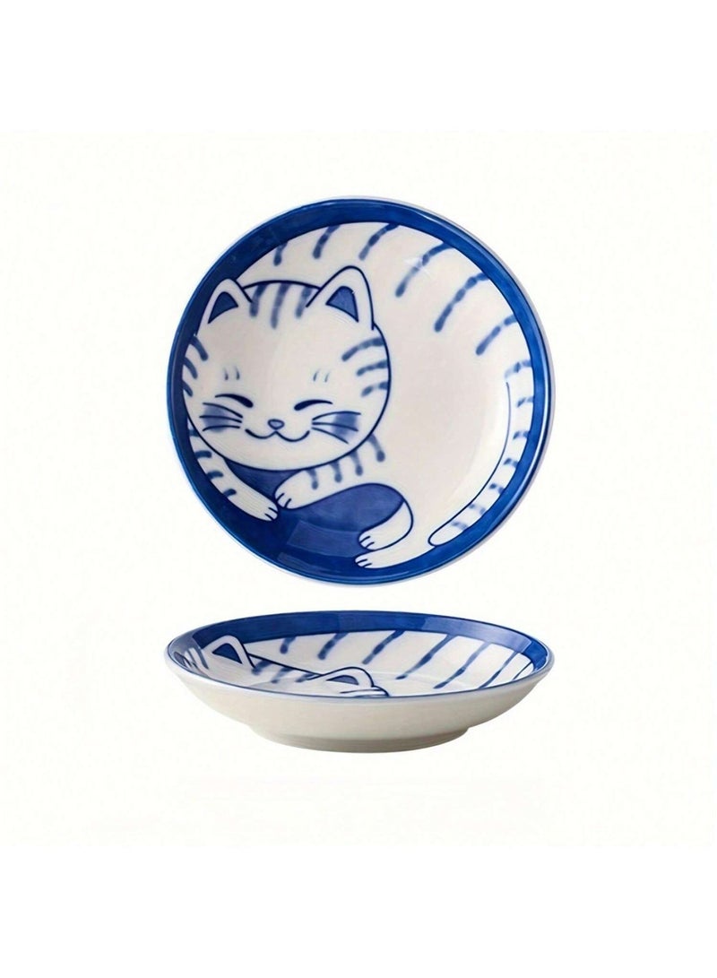 4pcs/set Japanese Style Ceramic Dessert Sauce Dish Tableware Creative Cute Cartoon Lucky Cat Pattern Water Drop Shape Fruit Sushi Plates - Image 3