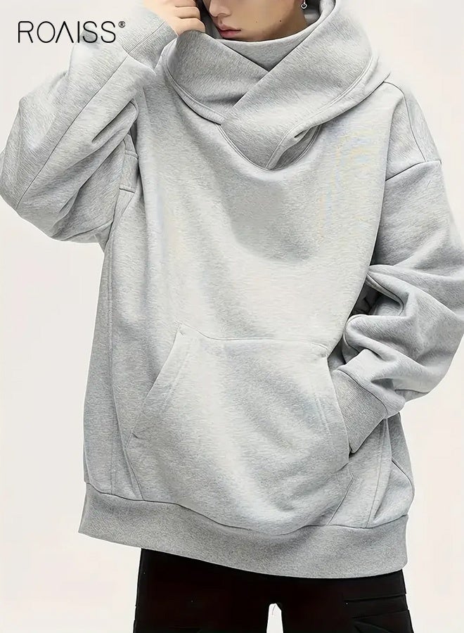 roaiss Men's Casual Light Grey Cross-Over Hooded Sweatshirt Regular Fit with Comfortable Fabric for Spring and Fall Outdoor Activities Streetwear Relaxed Look for Casual Attire - Image 1