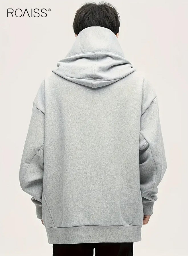 roaiss Men's Casual Light Grey Cross-Over Hooded Sweatshirt Regular Fit with Comfortable Fabric for Spring and Fall Outdoor Activities Streetwear Relaxed Look for Casual Attire - Image 2