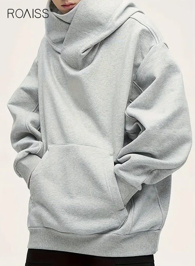 roaiss Men's Casual Light Grey Cross-Over Hooded Sweatshirt Regular Fit with Comfortable Fabric for Spring and Fall Outdoor Activities Streetwear Relaxed Look for Casual Attire - Image 3
