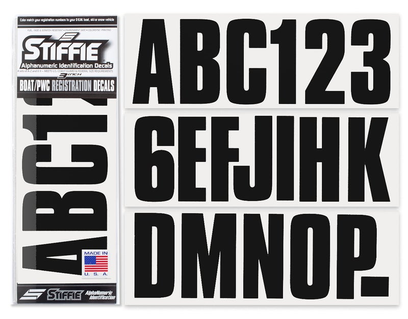 Stiffie Uniline Black 3" Alpha-Numeric Registration Identification Numbers Stickers Decals for Boats & Personal Watercraft - Image 1