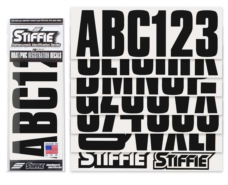 Stiffie Uniline Black 3" Alpha-Numeric Registration Identification Numbers Stickers Decals for Boats & Personal Watercraft - Image 2