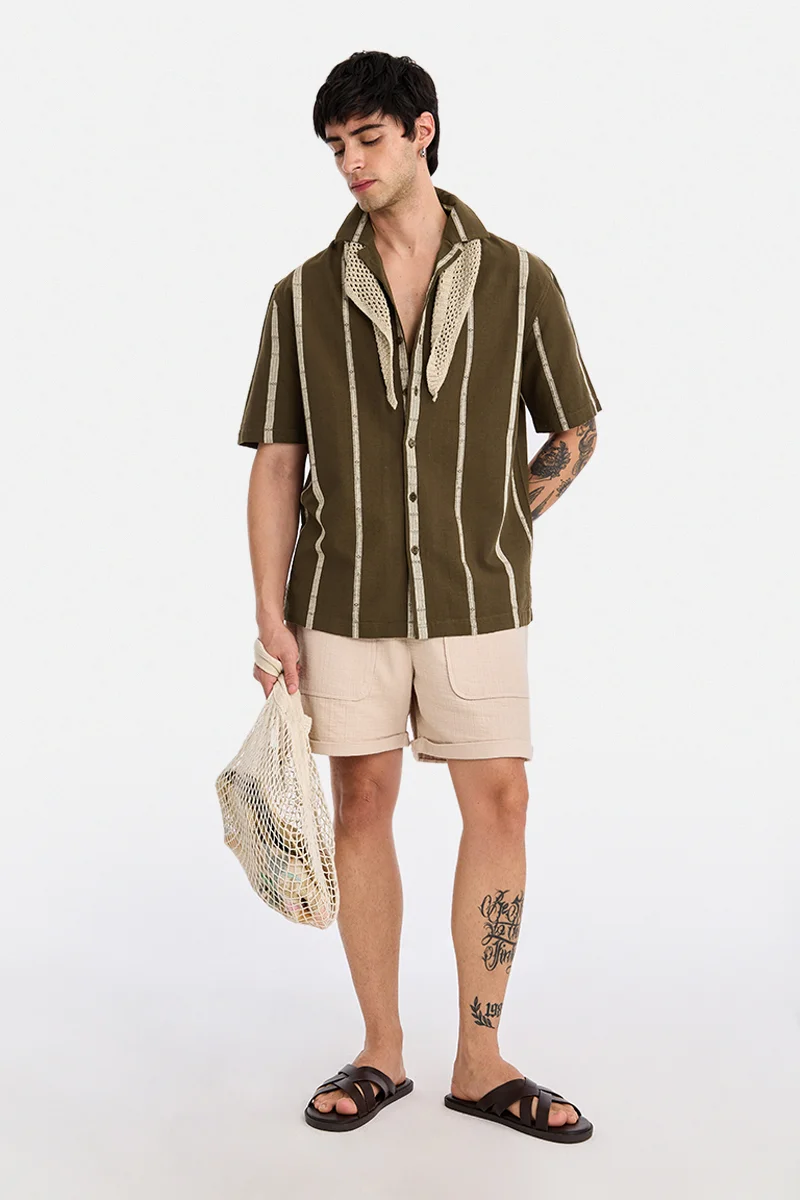 SNITCH Brown Striped Half Sleeve Boxy Shirt