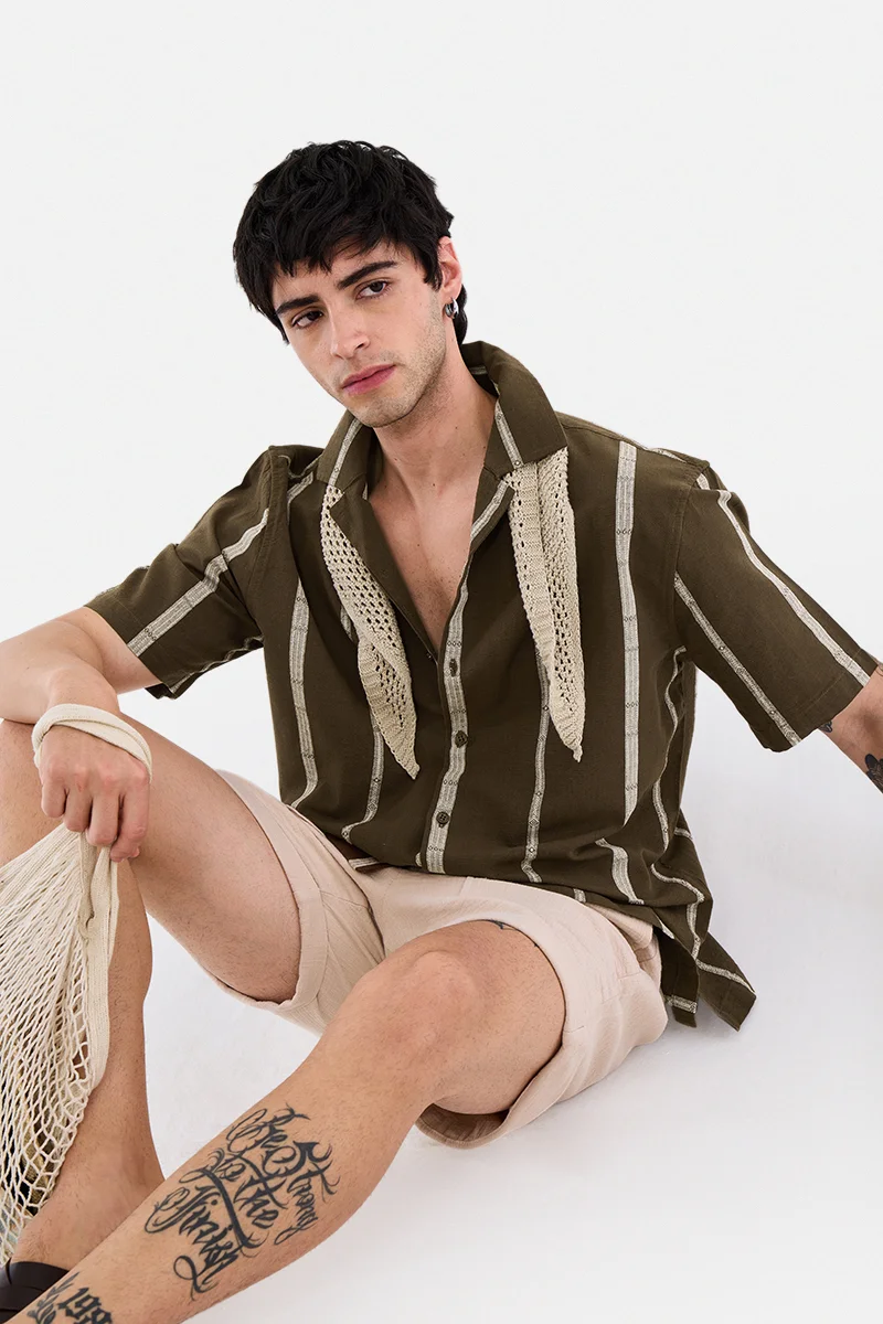 SNITCH Brown Striped Half Sleeve Boxy Shirt