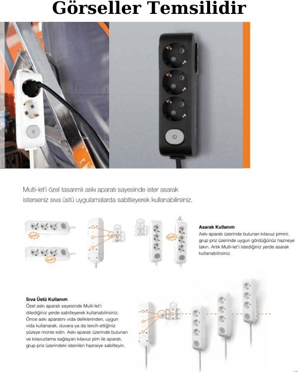 Multi Let (2 Pieces) Double Socket Grounded Child Protected Cable 1 (One) Meter (8 Pieces)