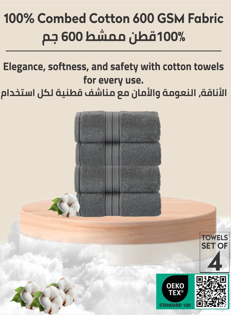 Donetella Premium 100 % Combed Cotton 4-Pcs Hand Towel Set (50 X 90 CM) 600 GSM Super Soft Hand Towel, Highly Absorbent, Quick Dry,Best Towel for Bathroom, Spa And Hotel,Grey - Image 3