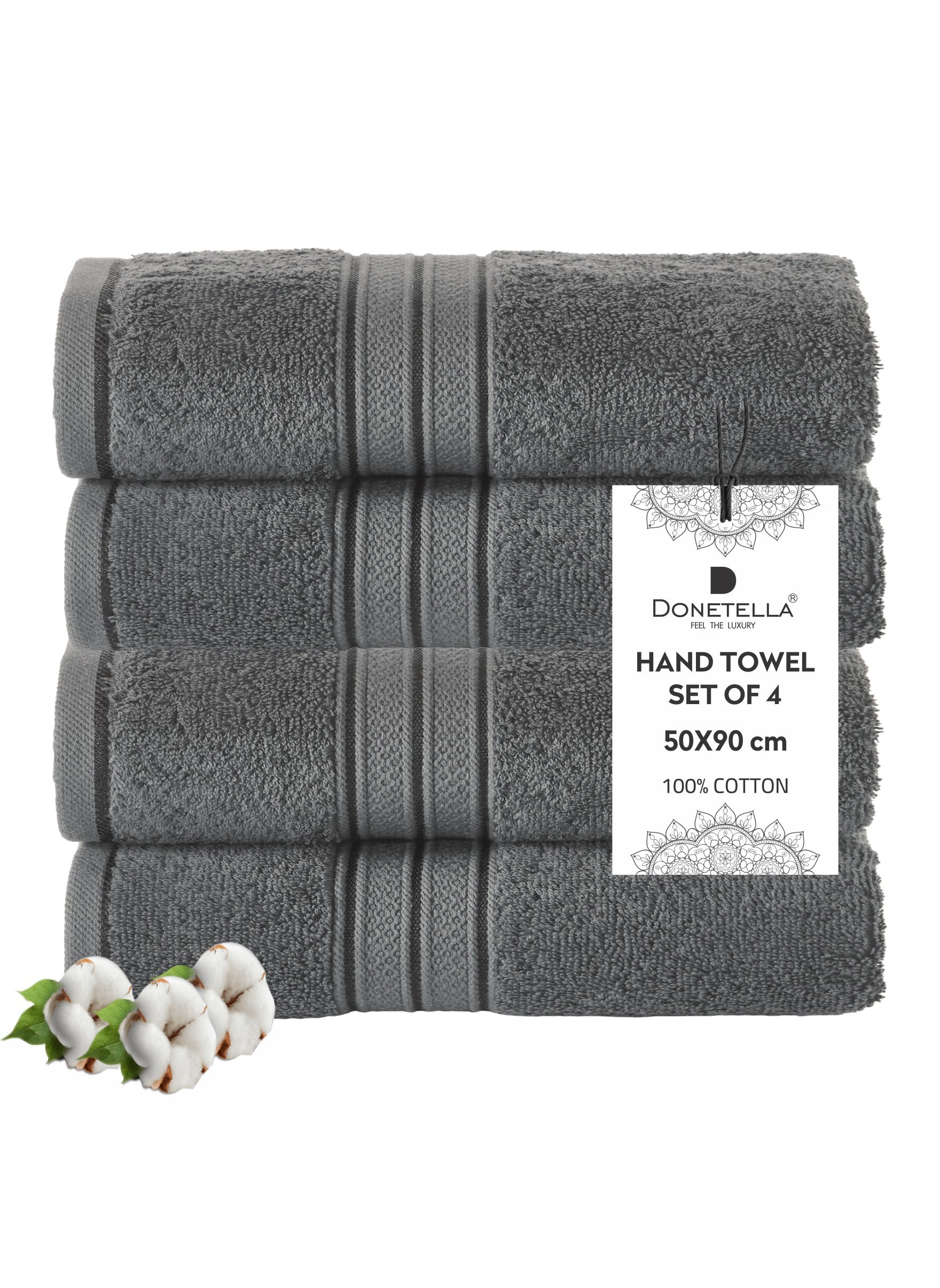 Donetella Premium 100 % Combed Cotton 4-Pcs Hand Towel Set (50 X 90 CM) 600 GSM Super Soft Hand Towel, Highly Absorbent, Quick Dry,Best Towel for Bathroom, Spa And Hotel,Grey 