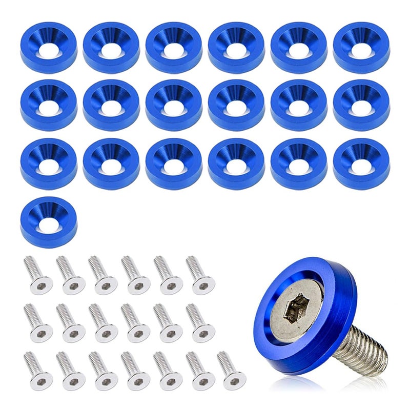 smilfuy 20PCS Aluminum Bumper Fender Washer Stainless Steel Bolts Engine Bay Dress Up Fastener Kit M6 JDM Fender Washer Car Body Decoration Kit for Headlights Trunk License Plate Frame Blue - Image 3