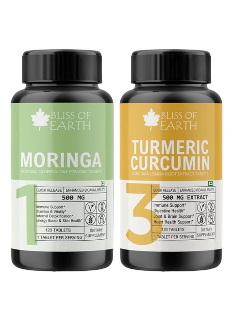 Bliss of Earth High Potency Combo of Moringa Oleifera Tablets 500mg and Turmeric Curcumin Extract Tablets 500mg, 120 Count Each