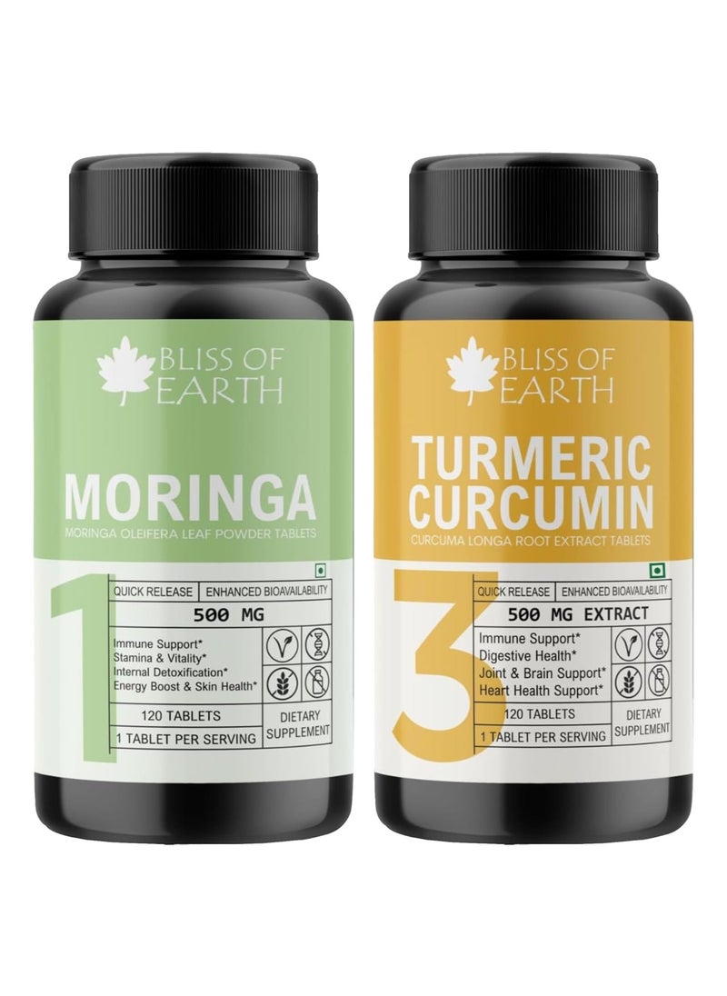 BLISS OF EARTH - Bliss of Earth High Potency Combo of Moringa Oleifera Tablets 500mg and Turmeric Curcumin Extract Tablets 500mg, 120 Count Each - Image 1