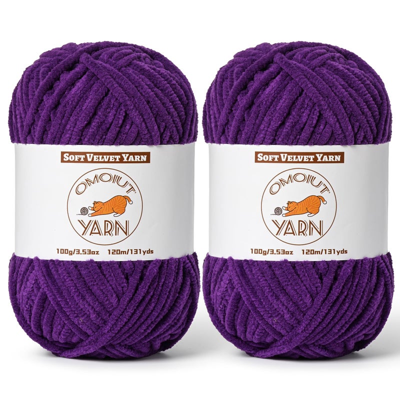 OMoiut 2 Pack Dark Purple Fluffy Velvet Yarn for Crocheting, Chunky Chenille Baby Blanket Yarn for Crochet, Soft Fuzzy Puzzle Yarn for Knitting, (100g/3.53oz Each) Bulky Thick Amigurumi Crochet Yarns - Image 1