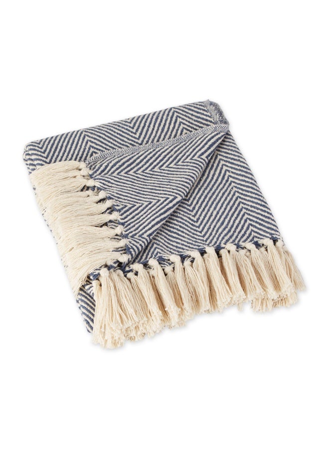DII Rustic Farmhouse Cotton Chevron Blanket Throw With Fringe For Chair Couch Picnic Camping Beach And Everyday Use 50 X 60 Urban Chevron French Blue  - Image 1