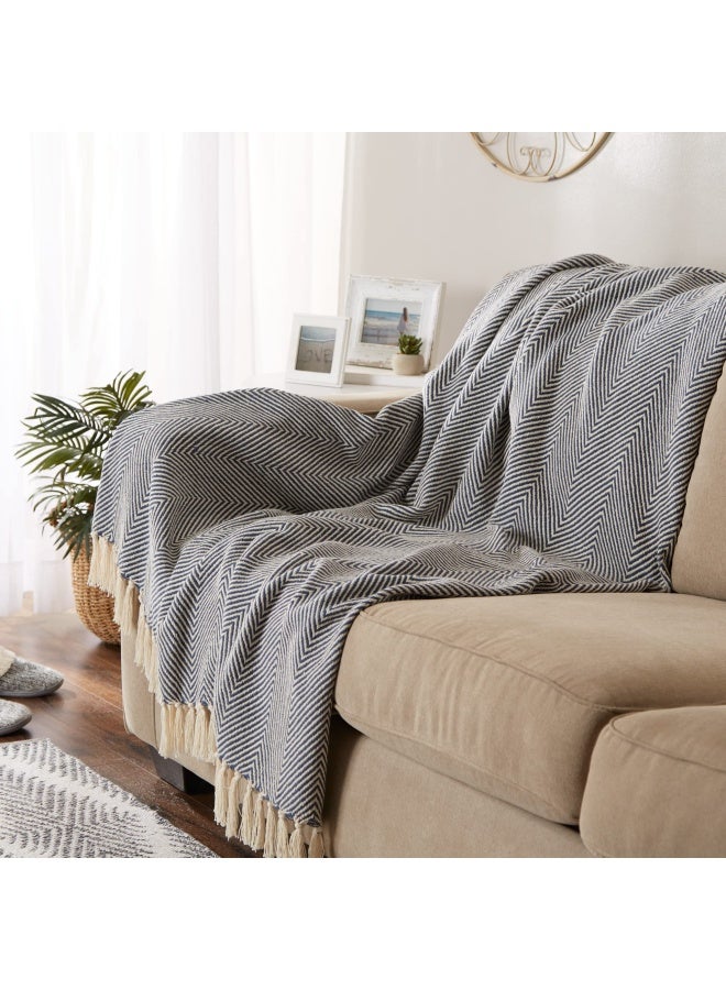 DII Rustic Farmhouse Cotton Chevron Blanket Throw With Fringe For Chair Couch Picnic Camping Beach And Everyday Use 50 X 60 Urban Chevron French Blue  - Image 4