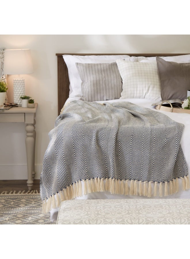 DII Rustic Farmhouse Cotton Chevron Blanket Throw With Fringe For Chair Couch Picnic Camping Beach And Everyday Use 50 X 60 Urban Chevron French Blue  - Image 5