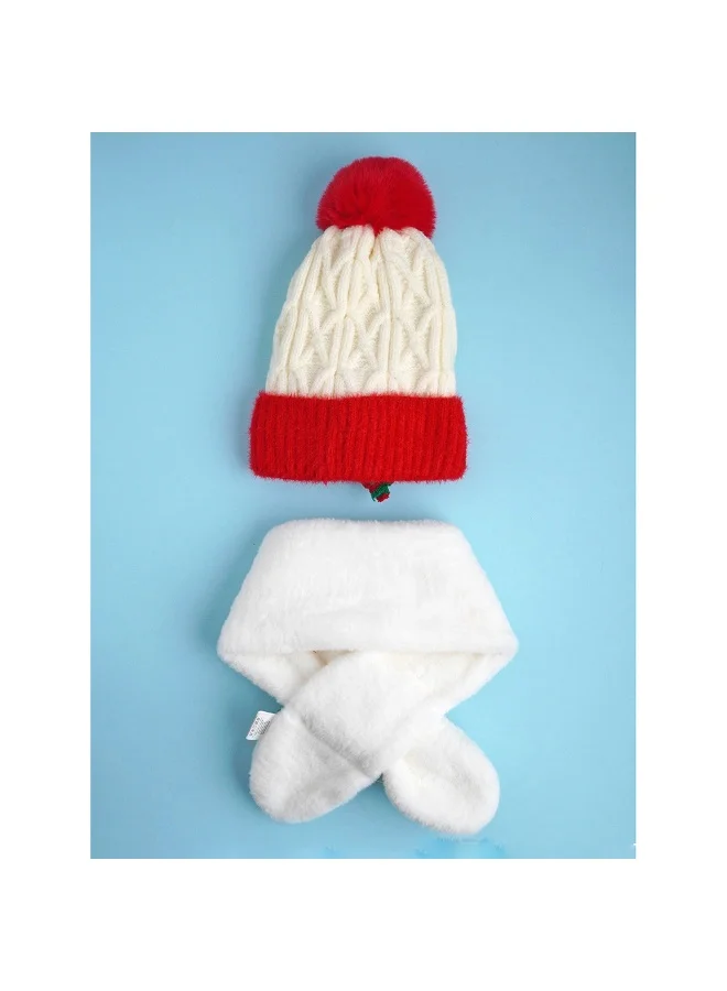 LITTLE SURPRISE BOX 2Pcs White Reindeer Themed Winter Cap Beanie With Matching Long Style Neck Muffler For Kids